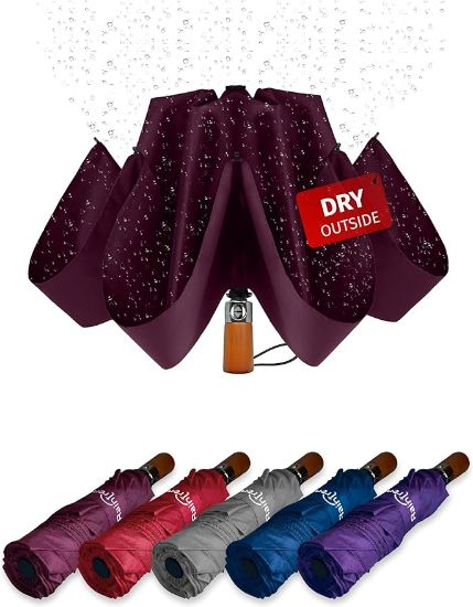 Picture of Inverted Umbrella Windproof - Large Canopy but Compact Folding Umbrellas for Rain, Lightweight Travel Umbrella, Reverse Umbrella Automatic Open and Close, Strong Automatic Umbrella, Burgundy